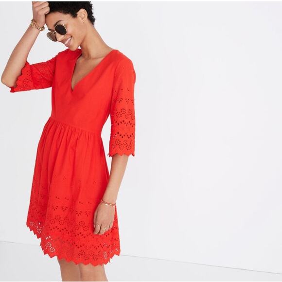 MADEWELL Women’s Fit and Flare Eyelet Detail Vneck Dress size 2